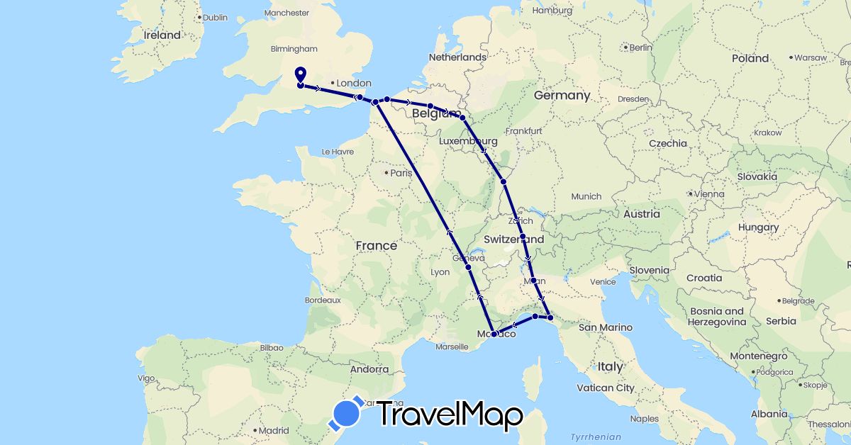 TravelMap itinerary: driving in Belgium, Switzerland, France, United Kingdom, Italy, Monaco (Europe)